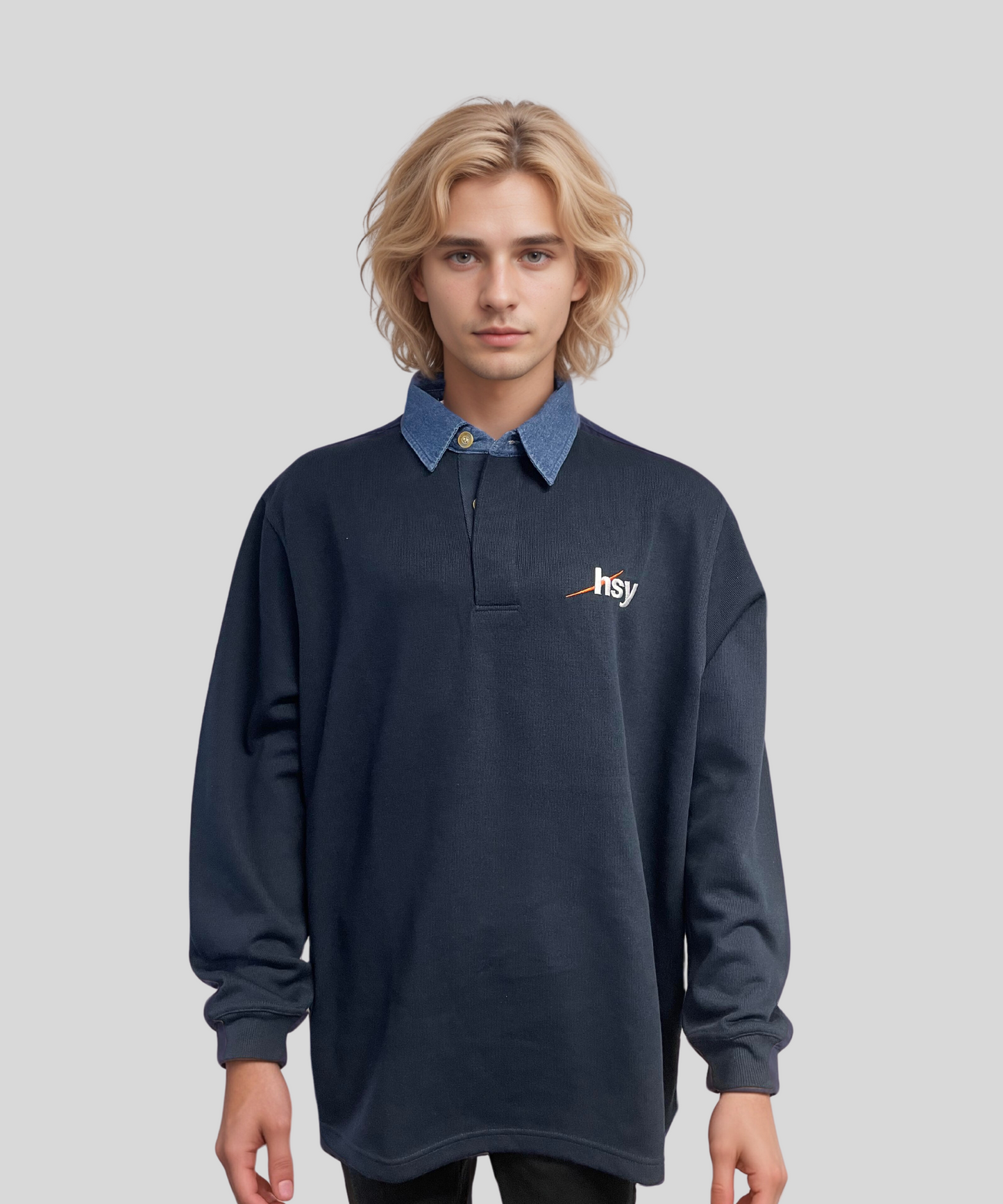 Men's Long Sleeve Rugby Polo - Navy